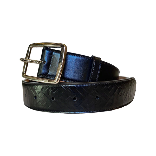Men's Silver Buckle Smooth Black Calf Leather Belt 105