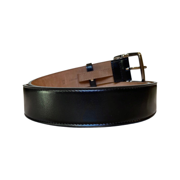 Men's Silver Buckle Smooth Black Calf Leather Belt 105