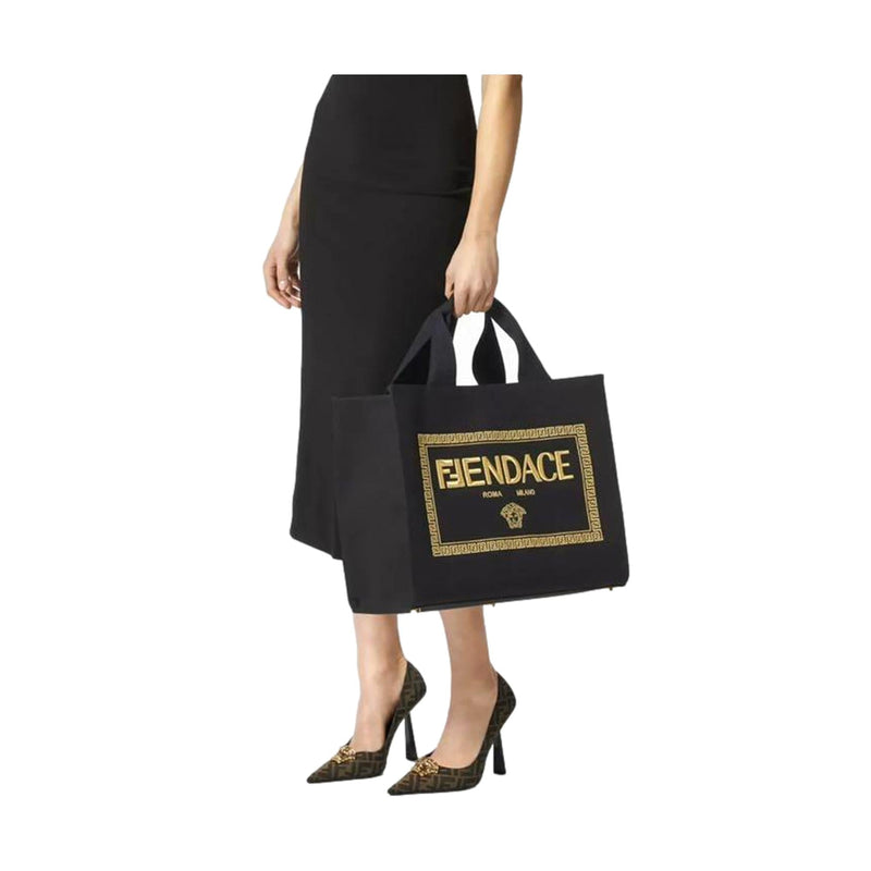 x Fendace Black Canvas Convertible Large Shopping Tote