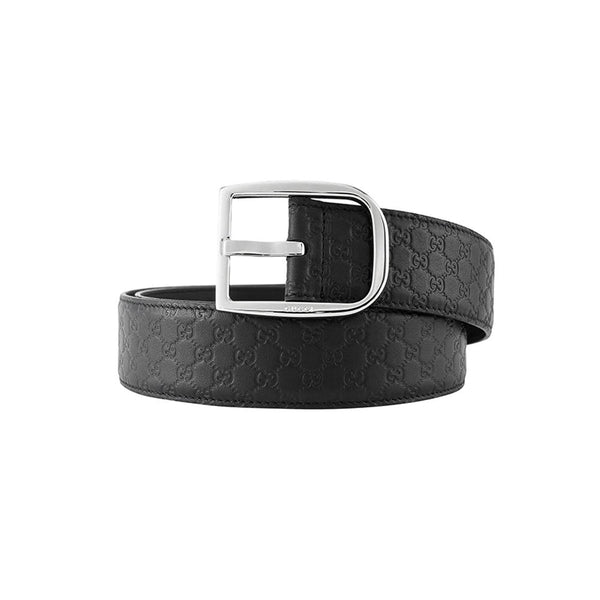Men's Micro GG Black Calf Leather Silver Buckle Belt Size 95/38
