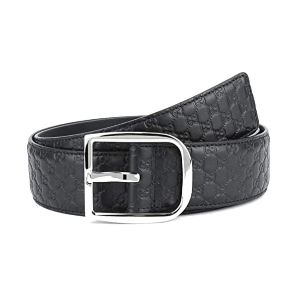 Men's Micro GG Black Calf Leather Silver Buckle Belt Size 95/38