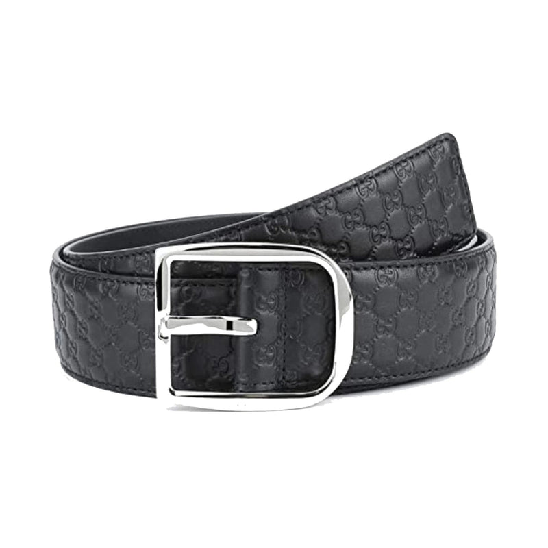 Men's Micro GG Black Calf Leather Silver Buckle Belt Size 95/38
