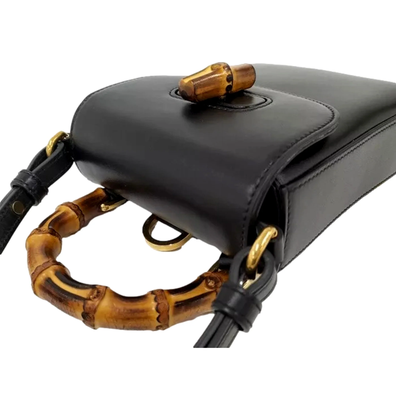 Bamboo Mini Handbag Top Handle Bag in Black Leather