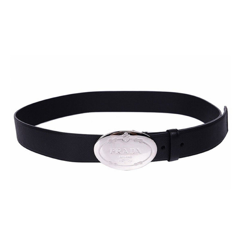 Black Saffiano Leather Engraved Oval Plaque Buckle Belt 110/44