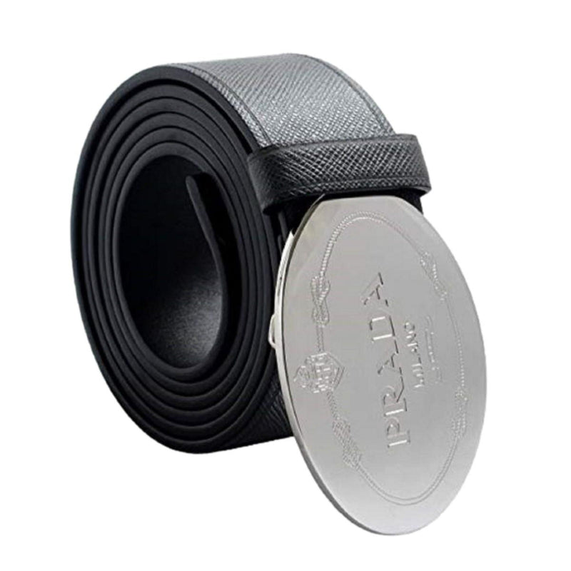 Black Saffiano Leather Engraved Oval Plaque Buckle Belt 110/44