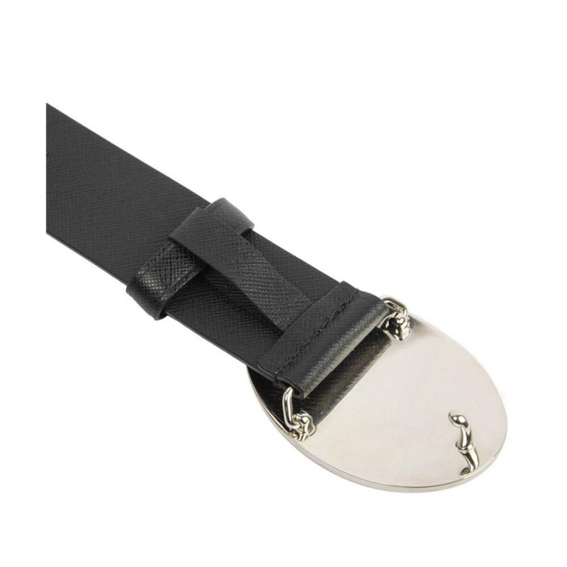 Black Saffiano Leather Engraved Oval Plaque Buckle Belt 110/44