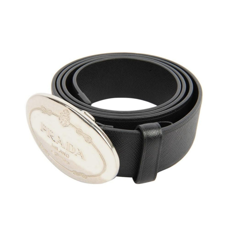 Black Saffiano Leather Engraved Oval Plaque Buckle Belt 110/44