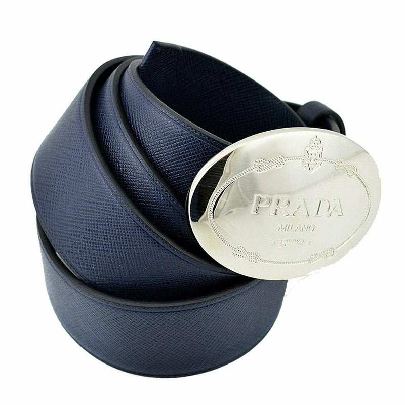 Mens Navy Saffiano Leather Belt  Silver Oval Buckle Belt Size 90-36