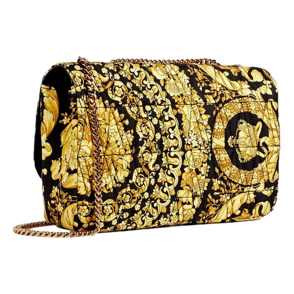 Virtus Barocco Print Quilted Black and Gold Silk Shoulder Bag